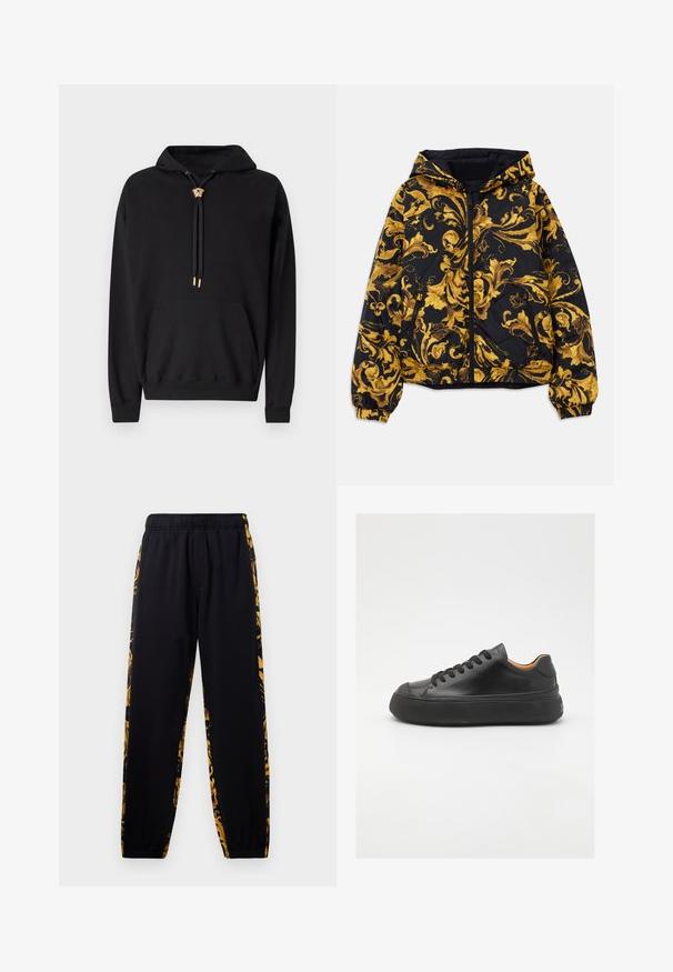 Fekete kapucnis dzseki arany díszített barokk virágmintákkal, elöl cipzárral, elasztikus mandzsettákkal és cipzáras oldalzsebekkel.; Fekete kapucnis pulóver, pamutból készült, elülső zsebbel, aranyoroszlán-fej részlettel a zsinórokon és dombornyomott logóval a mellkasán.; Fekete jogger nadrág, elasztikus derékkal és mandzsettákkal, arany és fekete virágmintás oldalsó panelek díszítésével.; Fekete bőr sportcipő kerek orral, fűzős elejével, sima textúrájával, vastag gumitalpával és kontrasztos barnás belsejével.