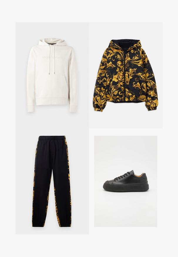 Giacca nera con cappuccio, decorata con ornati motivi floreali barocchi dorati, dotata di zip frontale, polsini elasticizzati e tasche laterali con zip.; Felpa bianca con cappuccio dotata di tasca frontale, coulisse e logo in rilievo. Realizzata in tessuto morbido con polsini e orlo a coste. Design minimalista.; Pantaloni jogger neri con elastiche in vita e alle caviglie, caratterizzati da pannelli laterali a motivi floreali neri e dorati.; Sneaker in pelle nera con punta tonda, allacciatura frontale, superficie liscia, suola in gomma spessa e interno a contrasto color nocciola.