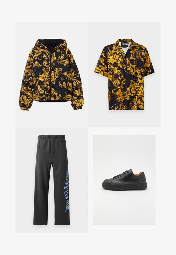 Fekete kapucnis dzseki arany díszített barokk virágmintákkal, elöl cipzárral, elasztikus mandzsettákkal és cipzáras oldalzsebekkel.; Fekete rövidujjú gombos ing sárga és arany barokk virágmintákkal és egy elülső zsebbel, belül Versace Jeans Couture felirattal a gallérban.; Fekete melegítőnadrág, puha anyagból készült, laza szabással és rugalmas derékrésszel. Figyelemre méltó kék nyomtatott szöveg a szélén.; Fekete bőr sportcipő kerek orral, fűzős elejével, sima textúrájával, vastag gumitalpával és kontrasztos barnás belsejével.