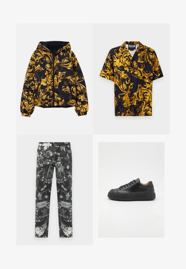 Veste à capuche noire ornée de motifs floraux baroques dorés, avec fermeture éclair à l'avant, poignets élastiques et poches latérales zippées.; Chemise noire à manches courtes avec des motifs floraux baroques jaunes et dorés et une poche avant, étiquetée Versace Jeans Couture à l'intérieur du col.; Jean noir avec des motifs floraux et ornementaux intriqués en gris. Design à cinq poches avec fermeture éclair et bouton.; Baskets noires en cuir avec un bout arrondi, lacets à l'avant, texture lisse, semelle en caoutchouc épaisse et intérieur contrastant en tan.