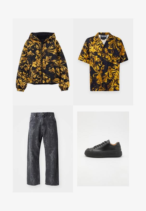 Fekete kapucnis dzseki arany díszített barokk virágmintákkal, elöl cipzárral, elasztikus mandzsettákkal és cipzáras oldalzsebekkel.; Fekete rövidujjú gombos ing sárga és arany barokk virágmintákkal és egy elülső zsebbel, belül Versace Jeans Couture felirattal a gallérban.; Sötétszürke farmernadrág, széles lábakkal, finom árnyalatos grafikai mintával és klasszikus öt zsebes dizájnnal. Szabványos gombos és cipzáras záródás.; Fekete bőr sportcipő kerek orral, fűzős elejével, sima textúrájával, vastag gumitalpával és kontrasztos barnás belsejével.