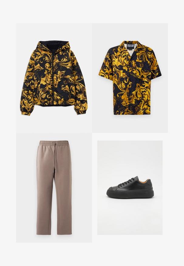 Musta huppari, jossa on kultaisia ornate barokkimaisia kukkakuosisia yksityiskohtia, etuvetoketju, joustavat hihansuut ja vetoketjulliset sivutaskut.; Musta lyhythihainen napitettava paita, jossa on keltaisia ja kultaisia barokkimäisiä kukkakuoseja sekä rintatasku. Kauluksessa on merkintä Versace Jeans Couture.; Ruske mid-rise higi, lavet av bløtt stoff, med elastisk liv med snor, sidelommer og rette ben.; Mustat nahkasneakerit, joissa on pyöreä kärki, nauhakiinnitys edessä, sileä pinta, paksu kumipohja ja kontrastoiva vaaleanruskea sisustus.