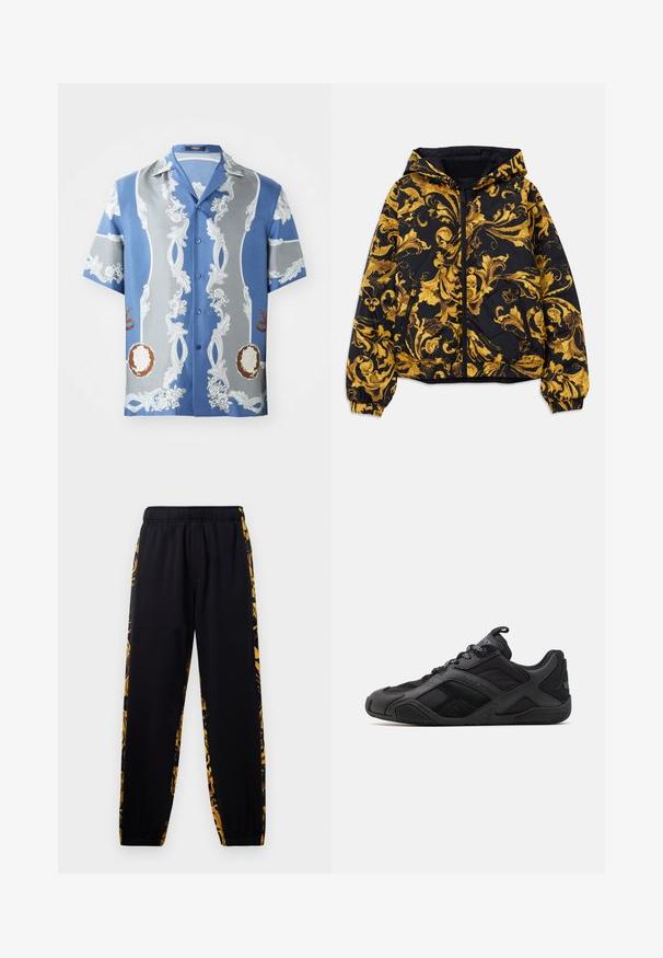 Crna kapuljača jakna s zlatnim ukrasnim baroknim cvjetnim uzorcima, prednjim zatvaračem, elastičnim manžetama i bočnim džepovima sa zatvaračem.; Versace INFORMAL MEDUSA CAMEO - Majica - stone blue/dark grey; Crne trenirke s elastičnom trakom u struku i na nogavicama, s bočnim panelima u zlatnim i crnim cvjetnim uzorcima.; Crne atletske tenisice s mješavinom glatkih i teksturiranih materijala, koje imaju poseban dizajn, oblikovanu đon i istaknute detalje brenda.