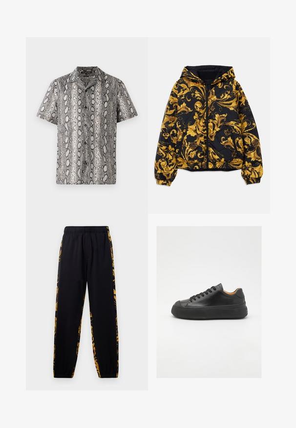 Giacca nera con cappuccio, decorata con ornati motivi floreali barocchi dorati, dotata di zip frontale, polsini elasticizzati e tasche laterali con zip.; Camicetta a maniche corte in bianco e nero con una fantasia a pelle di serpente, dotata di colletto smussato e dettagli con bottoni sul davanti. Realizzata in tessuto leggero.; Pantaloni jogger neri con elastiche in vita e alle caviglie, caratterizzati da pannelli laterali a motivi floreali neri e dorati.; Sneaker in pelle nera con punta tonda, allacciatura frontale, superficie liscia, suola in gomma spessa e interno a contrasto color nocciola.