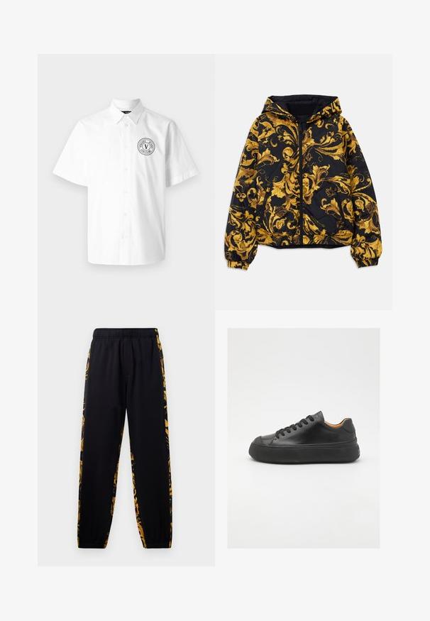Jachetă neagră cu glugă, decorată cu modele florale baroc ornate în nuanțe de aur, dotată cu fermoar frontal, manșete elastice și buzunare laterale cu fermoar.; Cămașă albă cu mânecă scurtă din bumbac, cu guler cu nasturi și un logo negru rotund în partea stângă a pieptului.; Pantaloni de jogging negri cu talie și mansete elastice, având panouri laterale cu un model floral auriu și negru.; Tenis de piele neagră cu vârf rotund, cu șireturi pe față, textură netedă, talpă groasă din cauciuc și interior contrastant de culoare bej.