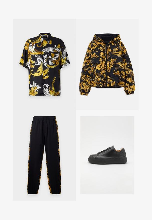 Svart huva jacka med gyllene utsmyckade barockblommönster och framdragkedja, elastiska ärmslut och dragkedjeförsedda sidofickor.; Kortärmad svart skjorta med ett djärvt mönster av gula och vita blommor, som har en krage och en ficka framtill med knappstängning.; Svarta joggerbyxor med elastisk midja och muddar, med sidopaneler i guld- och svartmönstrad blommönster.; Svarta lädersneakers med rund tå, snörning framtill, slät yta, tjock gummisula och kontrasterande tan-färgad insida.