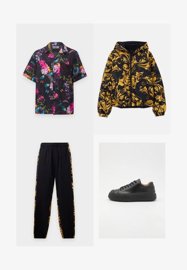 Chaqueta con capucha negra con patrones florales barrocos dorados ornamentales, cremallera frontal, puños elásticos y bolsillos laterales con cremallera.; Camisa de botones de manga corta negra con vibrantes estampados florales, de mariposas y plumas en rosa, azul, amarillo y verde, con un bolsillo en el pecho.; Pantalones de chándal negros con cintura y puños elásticos, que presentan paneles laterales con un patrón floral en dorado y negro.; Zapatilla de cuero negra con puntera redonda, cordones en la parte frontal, textura suave, suela de goma gruesa y un interior marrón claro que contrasta.