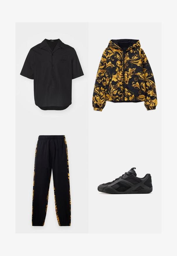 Czarna kurtka z kapturem ozdobiona złotymi, barokowymi kwiatowymi wzorami, z przednim zamek błyskawicznym, elastycznymi mankietami oraz zamykanymi na zamek błyskawiczny bocznymi kieszeniami.; Czarna koszula z krótkim rękawem, wykonana z gładkiego materiału, z kołnierzykiem w kształcie stożka, guzikami z przodu oraz kieszenią na piersi z tłoczonym logo.; Czarne spodnie dresowe z elastycznym pasem i mankietami, ozdobione złotymi i czarnymi kwiatowymi wzorami na bocznych panelach.; Czarnie buty sportowe z połączeniem gładkich i teksturowanych materiałów, wyróżniające się unikalnym wzornictwem, uformowaną podeszwą oraz wyraźnymi detalami marki.