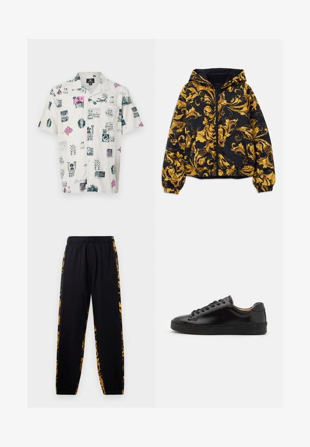 Czarna kurtka z kapturem ozdobiona złotymi, barokowymi kwiatowymi wzorami, z przednim zamek błyskawicznym, elastycznymi mankietami oraz zamykanymi na zamek błyskawiczny bocznymi kieszeniami.; Koszula z krótkim rękawem w jasnym beżowym kolorze z wielokolorowymi nadrukami graficznymi, które przedstawiają różne ikony, wzory i designy; luźny krój i kołnierzyk zapinany na guziki.; Czarne spodnie dresowe z elastycznym pasem i mankietami, ozdobione złotymi i czarnymi kwiatowymi wzorami na bocznych panelach.; Czarne skórzane sneakersy o gładkim wykończeniu, okrągłym nosie i czarnych sznurówkach. Posiadają minimalny branding na heelu oraz gumową podeszwę.
