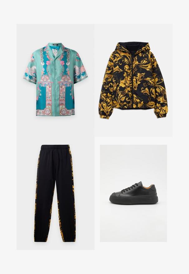 Juodas gobtuvu švarkas su auksiniais baroko stiliaus floristiniais raštais, priekinis užtrauktukas, elastingos rankogaliai ir užtrauktukų šoninės kišenės.; Mėlynos trumpomis rankovėmis marškiniai su sudėtingais spalvingais jūrų tematika atspaudais, šilko tekstūra ir mygtukų užsegimu.; Juodos sportinės kelnės su elastingu juosmeniu ir rema, pasižyminčios aukso ir juodų gėlių rašo šoninėmis juostomis.; Juodos odinės sportinės bateliai su apvaliu pirštu, raištelių užsegimu, lygiu paviršiumi, storu guminio pado ir kontrastinga tan spalvos vidine puse.