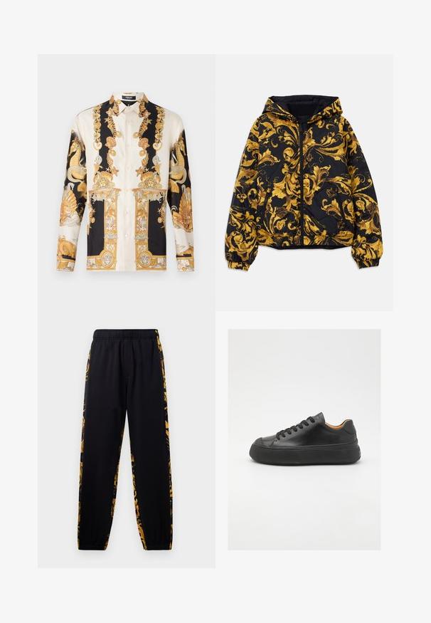 Juodas gobtuvu švarkas su auksiniais baroko stiliaus floristiniais raštais, priekinis užtrauktukas, elastingos rankogaliai ir užtrauktukų šoninės kišenės.; Trumpas rankovės marškiniai, papuošti grietinės, juodos ir aukso baroko raštu su kriauklėmis ir mitiniais personažais; su sagomis.; Juodos sportinės kelnės su elastingu juosmeniu ir rema, pasižyminčios aukso ir juodų gėlių rašo šoninėmis juostomis.; Juodos odinės sportinės bateliai su apvaliu pirštu, raištelių užsegimu, lygiu paviršiumi, storu guminio pado ir kontrastinga tan spalvos vidine puse.