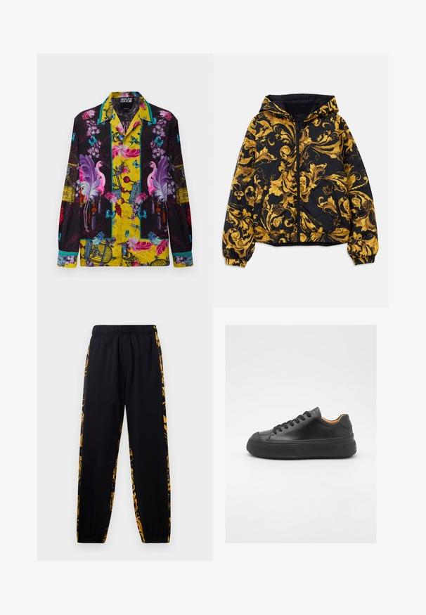 Juodas gobtuvu švarkas su auksiniais baroko stiliaus floristiniais raštais, priekinis užtrauktukas, elastingos rankogaliai ir užtrauktukų šoninės kišenės.; Ilga rankovėmis mygtukų užsegama marškiniai su ryškiomis gėlių, paukščių, drugelių ir narvų raštais purpuriniais, rožiniais, mėlynais ir geltonais tonais.; Juodos sportinės kelnės su elastingu juosmeniu ir rema, pasižyminčios aukso ir juodų gėlių rašo šoninėmis juostomis.; Juodos odinės sportinės bateliai su apvaliu pirštu, raištelių užsegimu, lygiu paviršiumi, storu guminio pado ir kontrastinga tan spalvos vidine puse.