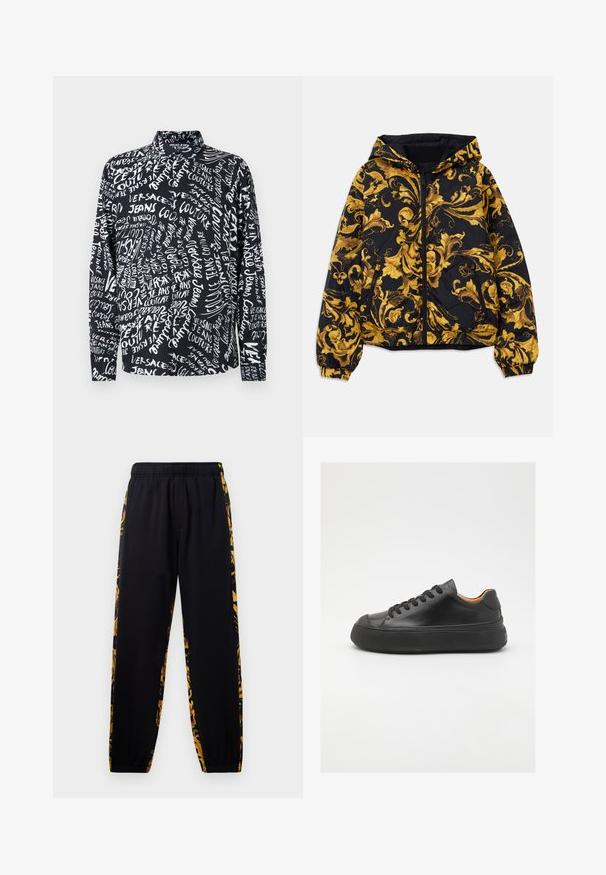 Črna kapuca jakna z zlatimi ornate baročnimi cvetličnimi vzorci in sprednjim zadrgo, elastičnimi manšeti in stranskimi žepe z zadrgo.; Črna majica z dolgimi rokavi z belim napisom "Versace Jeans Couture" v različnih pisavah in velikostih, z visokim ovratnikom in sproščenim krojem.; Črne trenirke z elastiko v pasu in ob robovih, ki imajo zlate in črne cvetlične vzorec na stranskih panelih.; Črne usnjene superge z okroglo konico, vezalnim sprednjim delom, gladko teksturo, debelim gumijastim podplatom in kontrastno rjavim notranjim delom.
