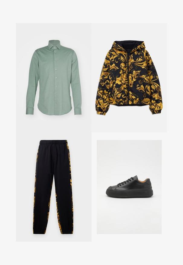 Jachetă neagră cu glugă, decorată cu modele florale baroc ornate în nuanțe de aur, dotată cu fermoar frontal, manșete elastice și buzunare laterale cu fermoar.; Cămașă lungă cu mânecă în verde deschis, confecționată dintr-un material neted. Are un guler clasic și un sistem de închidere cu nasturi, având șapte nasturi vizibili.; Pantaloni de jogging negri cu talie și mansete elastice, având panouri laterale cu un model floral auriu și negru.; Tenis de piele neagră cu vârf rotund, cu șireturi pe față, textură netedă, talpă groasă din cauciuc și interior contrastant de culoare bej.