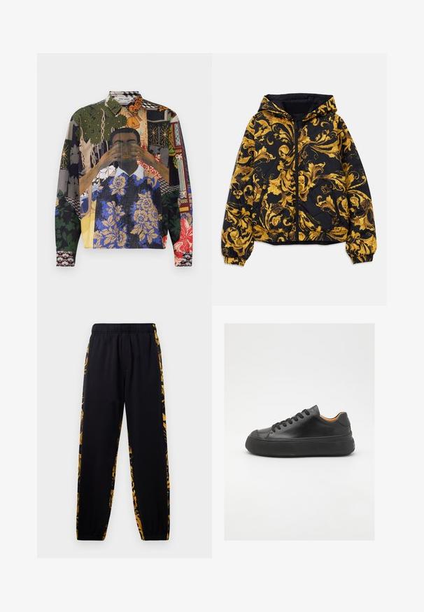 Black hooded jacket with golden ornate baroque floral patterns and front zipper, elastic cuffs, and zippered side pockets.; Multicolored button-up shirt featuring a collage of patterns, including floral, geometric, and illustrated motifs on a textured fabric.; Black jogger pants with elastic waistband and cuffs, featuring gold and black floral patterned side panels.; Black leather sneaker with a round toe, lace-up front, smooth texture, thick rubber sole, and contrasting tan interior.