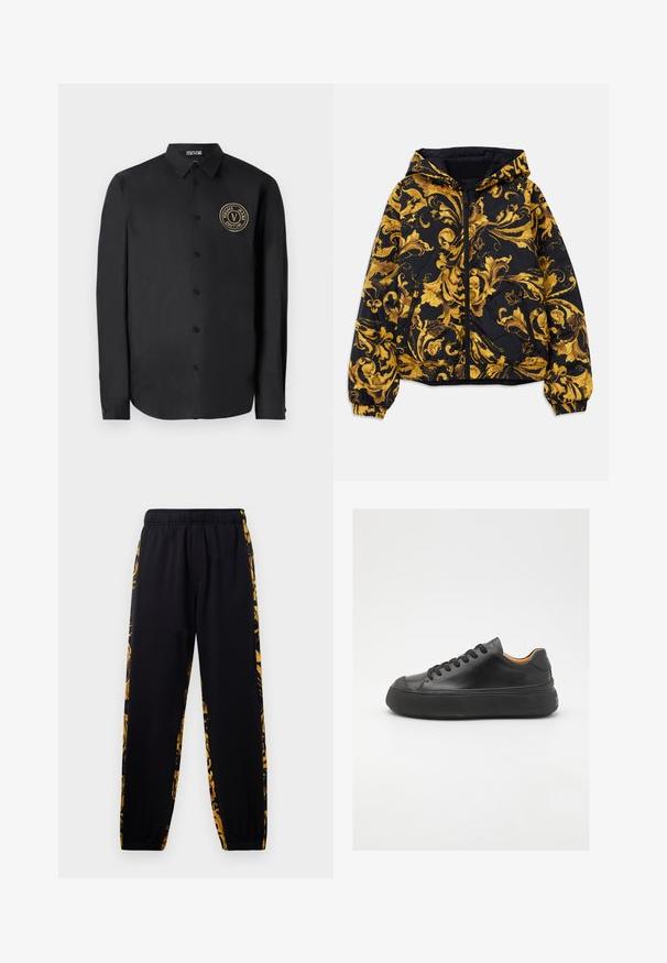 Črna kapuca jakna z zlatimi ornate baročnimi cvetličnimi vzorci in sprednjim zadrgo, elastičnimi manšeti in stranskimi žepe z zadrgo.; Črna dolga majica z dolgimi rokavi iz gladkega blaga z zaobljenim robom. Ima zlati krožni logotip na levi strani prsnega koša in klasičen ovratnik.; Črne trenirke z elastiko v pasu in ob robovih, ki imajo zlate in črne cvetlične vzorec na stranskih panelih.; Črne usnjene superge z okroglo konico, vezalnim sprednjim delom, gladko teksturo, debelim gumijastim podplatom in kontrastno rjavim notranjim delom.