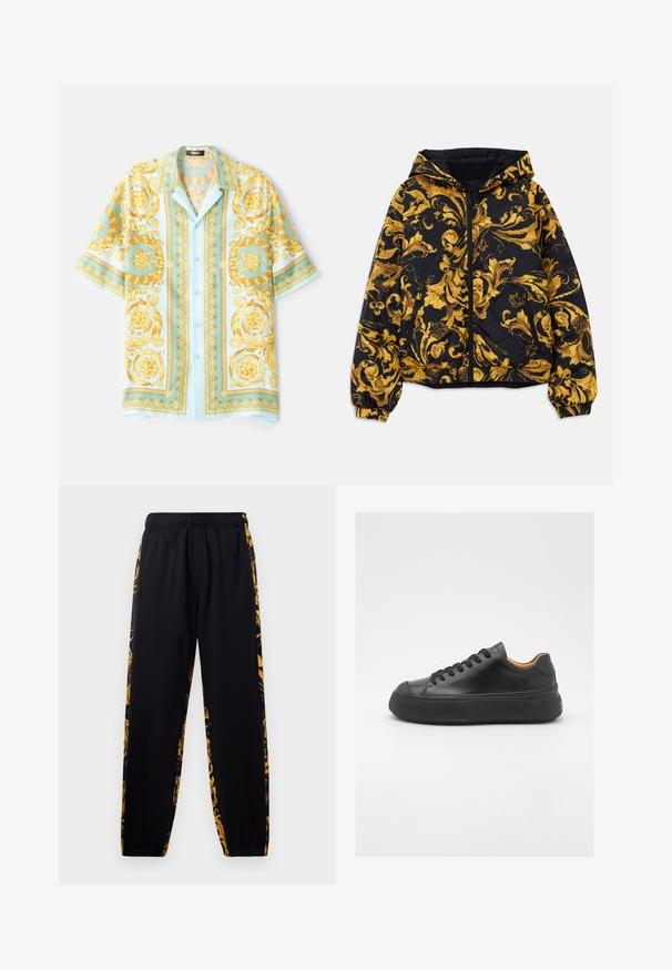 Zwarte hoodie met gouden, sierlijke barokke bloempatronen en een ritssluiting aan de voorkant, elastische manchetten en ritszakken aan de zijkant.; Lichtblauw kortemouwen shirt met sierlijke gouden barokpatronen, knopen aan de voorkant en een relaxte fit. Soepele stof met een glanzende textuur.; Zwarte joggerbroeken met een elastische tailleband en boorden, met gouden en zwarte bloemenpatronen aan de zijkanten.; Zwarte leren sneaker met een ronde neus, vetersluiting aan de voorkant, een gladde textuur, dikke rubberen zool en contrasterende tan interieur.