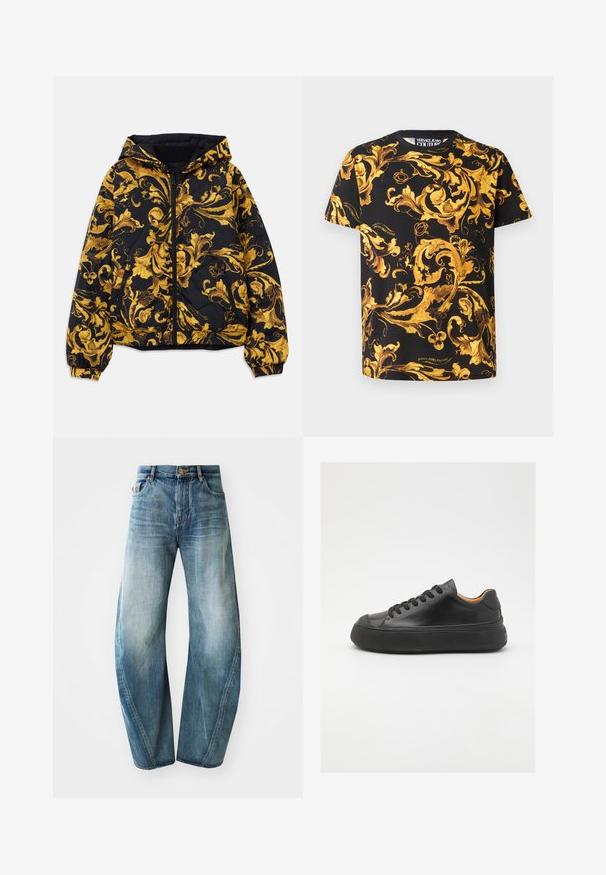 Crna kapuljača jakna s zlatnim ukrasnim baroknim cvjetnim uzorcima, prednjim zatvaračem, elastičnim manžetama i bočnim džepovima sa zatvaračem.; Crna majica s kratkim rukavima i okruglim izrezom, ukrašena živopisnim zlatnim baroknim uzorkom. Izrađena od pamuka, s logotipom brenda na rubu.; Svijetloplavi traperice s ravnim nogavicama, visokim strukom i izbljeđenjem po tkanini. Imaju pet džepova i zatvaranje na dugme.; Crne kožne tenisice s okruglim vrhom, vezanjem sprijeda, glatkom teksturom, debelim gumenim potplatom i kontrastnim svijetlosmeđim unutrašnjim dijelom.