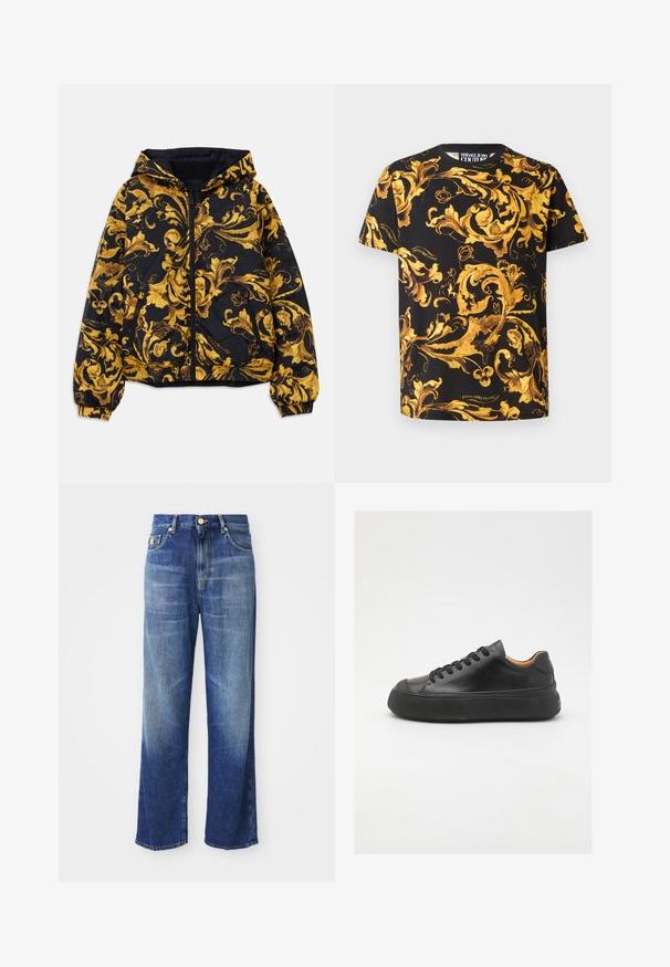 Juodas gobtuvu švarkas su auksiniais baroko stiliaus floristiniais raštais, priekinis užtrauktukas, elastingos rankogaliai ir užtrauktukų šoninės kišenės.; Juodas marškinėliai su ryškiu auksiniu baroko raštu, trumpomis rankovėmis ir apvaliu iškirpimu. Pagaminti iš medvilnės, su prekės ženklo logotipu apačioje.; Aukštos liemens tiesios kojos mėlyni džinsai su šiek tiek išblukusiu raštu ir auksine sagčių uždarymu, pateikti baltame fone.; Juodos odinės sportinės bateliai su apvaliu pirštu, raištelių užsegimu, lygiu paviršiumi, storu guminio pado ir kontrastinga tan spalvos vidine puse.