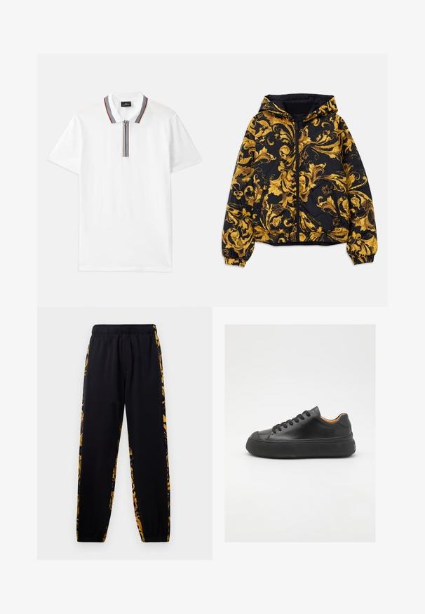 Juodas gobtuvu švarkas su auksiniais baroko stiliaus floristiniais raštais, priekinis užtrauktukas, elastingos rankogaliai ir užtrauktukų šoninės kišenės.; Balta polo marškinėliai su užtrauktuku aptaku apykakle, su raudonomis, mėlynomis ir rudos spalvos juostelėmis, trumpomis rankovėmis ir švelnia medvilnės tekstūra.; Juodos sportinės kelnės su elastingu juosmeniu ir rema, pasižyminčios aukso ir juodų gėlių rašo šoninėmis juostomis.; Juodos odinės sportinės bateliai su apvaliu pirštu, raištelių užsegimu, lygiu paviršiumi, storu guminio pado ir kontrastinga tan spalvos vidine puse.