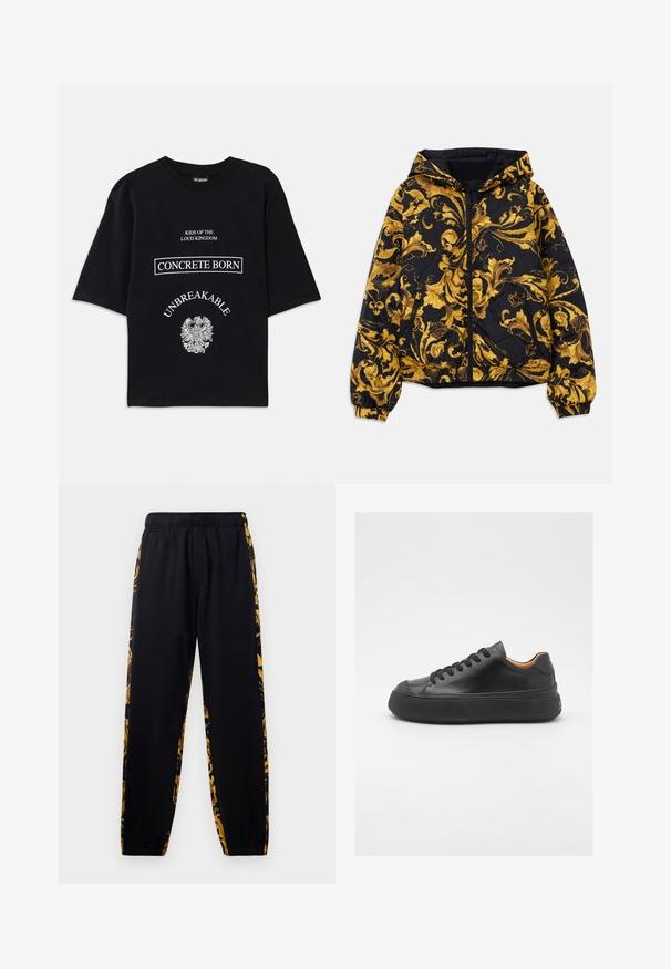 Black hooded jacket with golden ornate baroque floral patterns and front zipper, elastic cuffs, and zippered side pockets.; Black oversized T-shirt with white text "Kids of the Loud Kingdom," "Concrete Born," "Unbreakable," and a detailed eagle graphic below.; Black jogger pants with elastic waistband and cuffs, featuring gold and black floral patterned side panels.; Black leather sneaker with a round toe, lace-up front, smooth texture, thick rubber sole, and contrasting tan interior.
