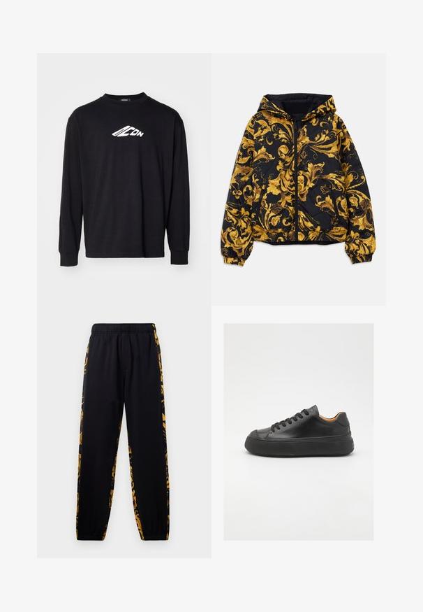Black hooded jacket with golden ornate baroque floral patterns and front zipper, elastic cuffs, and zippered side pockets.; Black long-sleeve T-shirt made of cotton, featuring a white logo on the chest. Classic crew neckline and ribbed cuffs.; Black jogger pants with elastic waistband and cuffs, featuring gold and black floral patterned side panels.; Black leather sneaker with a round toe, lace-up front, smooth texture, thick rubber sole, and contrasting tan interior.