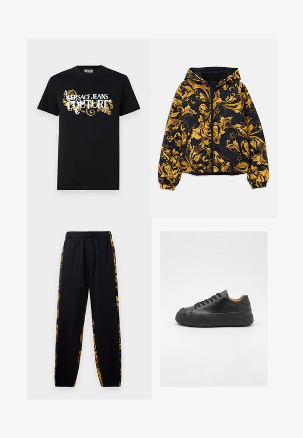 Black hooded jacket with golden ornate baroque floral patterns and front zipper, elastic cuffs, and zippered side pockets.; Black cotton t-shirt featuring a front design with "VERSACE JEANS COUTURE" in white and gold, surrounded by a decorative pattern.; Black jogger pants with elastic waistband and cuffs, featuring gold and black floral patterned side panels.; Black leather sneaker with a round toe, lace-up front, smooth texture, thick rubber sole, and contrasting tan interior.