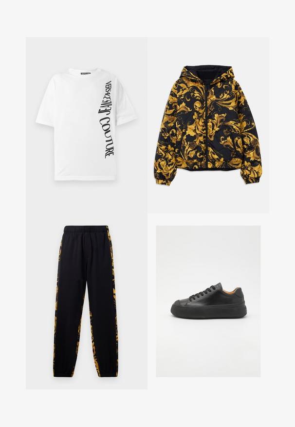Juodas gobtuvu švarkas su auksiniais baroko stiliaus floristiniais raštais, priekinis užtrauktukas, elastingos rankogaliai ir užtrauktukų šoninės kišenės.; Balta didelė medvilninė marškinėlių suknelė, su juodu vertikaliu tekstu "VERSACE JEANS COUTURE" kairėje pusėje. Apvalus iškirpimas.; Juodos sportinės kelnės su elastingu juosmeniu ir rema, pasižyminčios aukso ir juodų gėlių rašo šoninėmis juostomis.; Juodos odinės sportinės bateliai su apvaliu pirštu, raištelių užsegimu, lygiu paviršiumi, storu guminio pado ir kontrastinga tan spalvos vidine puse.