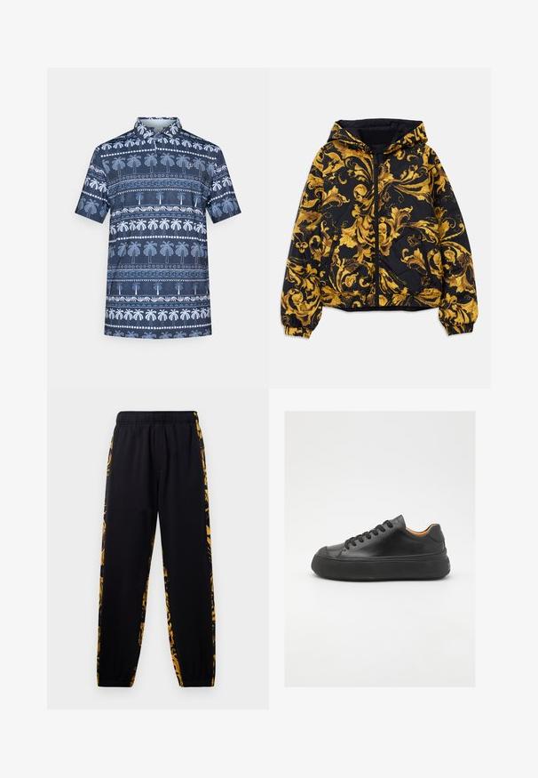 Chaqueta con capucha negra con patrones florales barrocos dorados ornamentales, cremallera frontal, puños elásticos y bolsillos laterales con cremallera.; Camisa polo azul marino con patrón de palmeras blancas, de manga corta y con cuello. Detalles notables incluyen líneas decorativas y acentos.; Pantalones de chándal negros con cintura y puños elásticos, que presentan paneles laterales con un patrón floral en dorado y negro.; Zapatilla de cuero negra con puntera redonda, cordones en la parte frontal, textura suave, suela de goma gruesa y un interior marrón claro que contrasta.