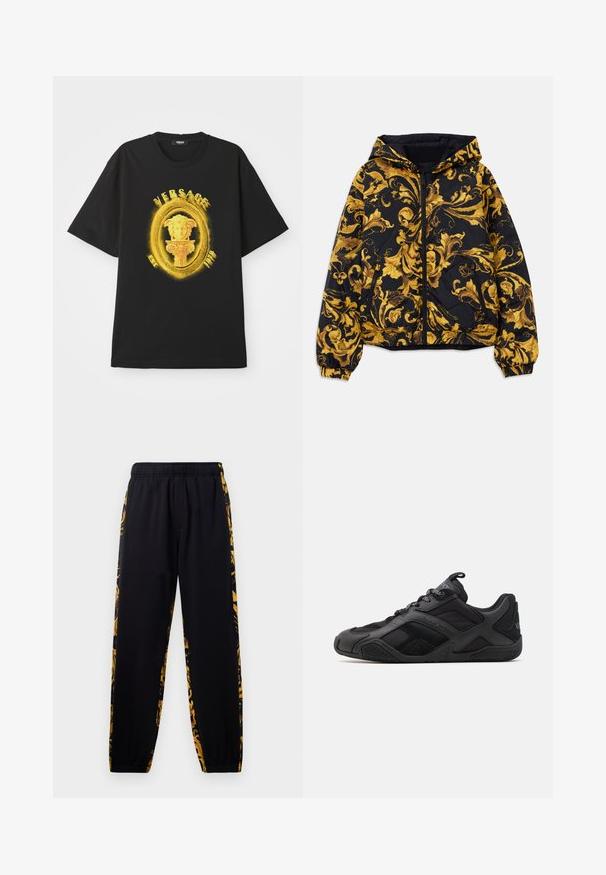 Musta huppari, jossa on kultaisia ornate barokkimaisia kukkakuosisia yksityiskohtia, etuvetoketju, joustavat hihansuut ja vetoketjulliset sivutaskut.; Mustat lyhyet hihat T-paita, jossa on keltainen koristeellinen soikea kehys, Medusa-patsas ja "VERSACE" -teksti edessä.; Mustat jogger-housut, joissa on joustava vyötärö ja lahkeiden resorit, joissa on kultaisia ja mustia kukkakuosisia sivupaneeleja.; Mustat urheilusukat, joissa on yhdistelmä sileitä ja tekstuuripintoja, näyttävällä muotoilulla, muotoillulla pohjalla ja erottuvilla brändityypeillä.