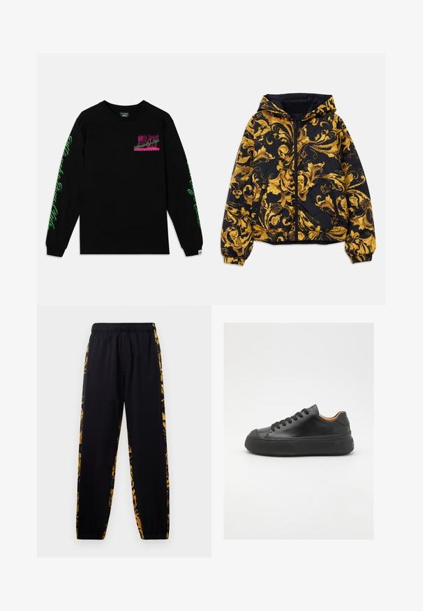 Černá kapucová bunda s nádhernými zlatými barokními květinovými vzory a předním zipem, elastickými manžetami a zipovými postranními kapsami.; Černé tričko s dlouhým rukávem vyrobené z bavlny, se růžovými a zelenými grafikami na hrudi a rukávech. Jednoduchý design s kulatým výstřihem a žebrovanými manžetami.; Černé joggingové kalhoty s elastickým pasem a manžetami, zdobené zlatými a černými květinovými vzory po stranách.; Černé kožené tenisky s kulatou špičkou, šněrováním v přední části, hladkým povrchem, silnou gumovou podrážkou a kontrastním tan interiérem.
