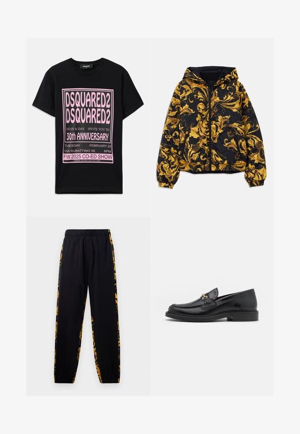 Must aga kapuutsiga must jakk, millel on kuldsed baroki lillemustrid, esikinnitus, elastsed mansetid ja lukuga küljetaskud.; Must musta t-särk, millel on suur roosa graafiline tekst. Kujundus sisaldab ürituse üksikasju erinevates kirjatüüpides ning lisainformatsiooni allosas.; Mustad jooksupüksid elastse vöökoha ja soonikkudega, millel on kuldne ja must lilleline muster külgedel.; Mustad nahast loafers ümarate varvastega, millel on kuldne riistvaraline aksessuaar ja tikandite detail, paigutatud madalale, tekstureeritud kummist tallale.