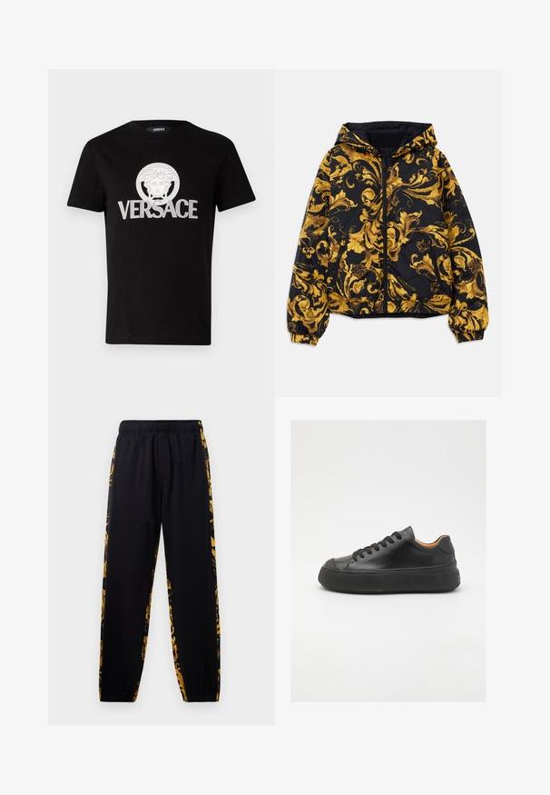 Černá kapucová bunda s nádhernými zlatými barokními květinovými vzory a předním zipem, elastickými manžetami a zipovými postranními kapsami.; Černé bavlněné tričko s bílým potiskem grafiky Medusy a tučnými písmeny "VERSACE" přes hrudník. Kolo krk design.; Černé joggingové kalhoty s elastickým pasem a manžetami, zdobené zlatými a černými květinovými vzory po stranách.; Černé kožené tenisky s kulatou špičkou, šněrováním v přední části, hladkým povrchem, silnou gumovou podrážkou a kontrastním tan interiérem.
