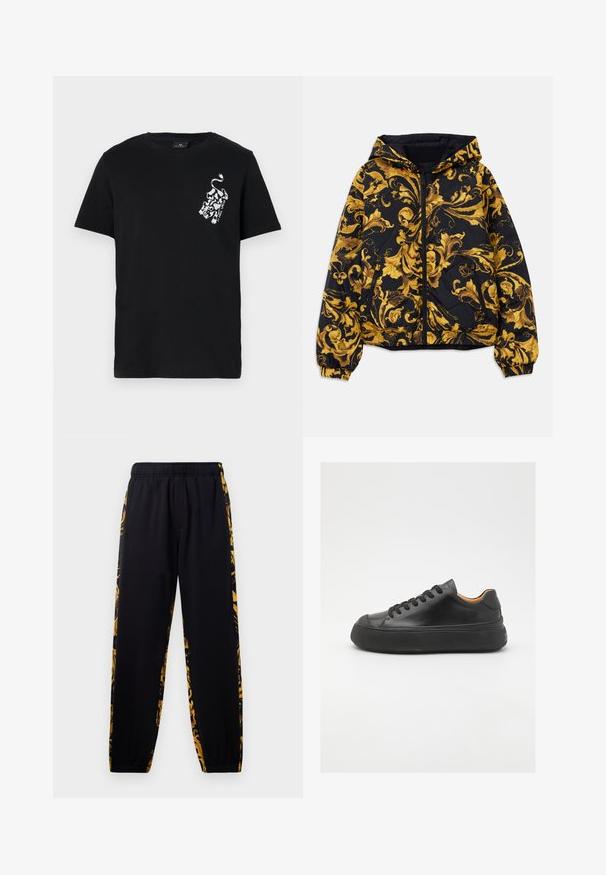 Melns kapucēts mētis ar zeltainiem izsmalcinātiem baroka florāliem rakstiem, priekšējo rāvējslēdzēju, elastīgām aprocēm un rāvējslēdzēja sānu kabatām.; Melna kokvilnas T-krekls ar baltu lauva grafiku kreisajā krūtī. Klasiska apaļa kakla izgriezums, īsas piedurknes un brīvs griezums.; Melnas sporta bikses ar elastīgu jostu un aizdari, ar zelta un melnu ziedu raksta sānu paneļiem.; Melna ādas sporta kurpe ar apaļu purngalu, ar auklēm priekšā, gluda tekstūra, bieza gumijas zole un kontrastējošs brūns iekšpuses materiāls.