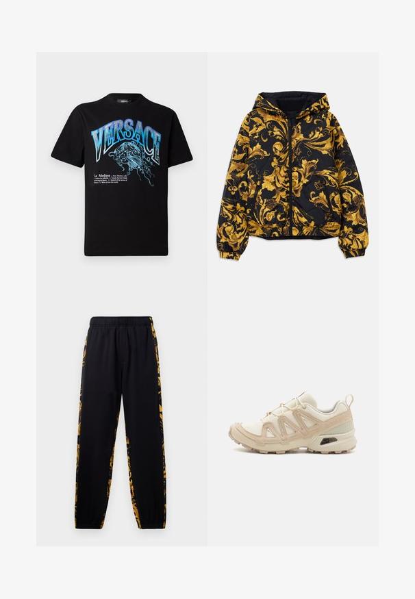Černá kapucová bunda s nádhernými zlatými barokními květinovými vzory a předním zipem, elastickými manžetami a zipovými postranními kapsami.; Černé tričko s modrou a metalickou grafikou Medusy a nápisem "VERSACE" v tučných písmenech. Krátké rukávy a uvolněný střih.; Černé joggingové kalhoty s elastickým pasem a manžetami, zdobené zlatými a černými květinovými vzory po stranách.; Béžová a krémová sportovní obuv s texturovaným síťovaným svrškem, podpůrnými překryvy a gumovou podrážkou s dezénem pro lepší přilnavost.