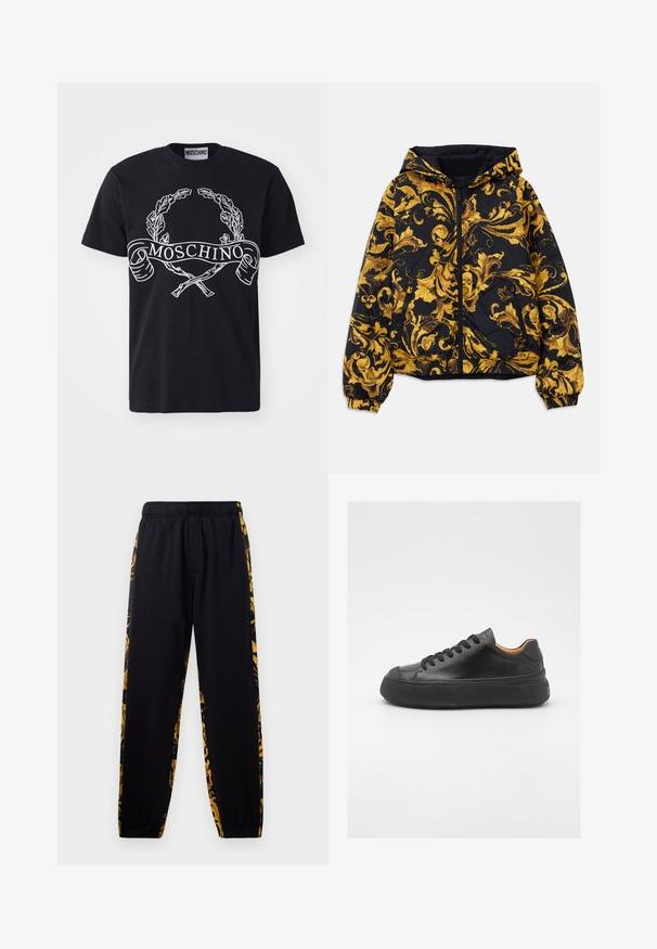 Black hooded jacket with golden ornate baroque floral patterns and front zipper, elastic cuffs, and zippered side pockets.; Black cotton t-shirt featuring a white printed laurel wreath and the brand name "MOSCHINO" on a banner; classic crew neck design.; Black jogger pants with elastic waistband and cuffs, featuring gold and black floral patterned side panels.; Black leather sneaker with a round toe, lace-up front, smooth texture, thick rubber sole, and contrasting tan interior.