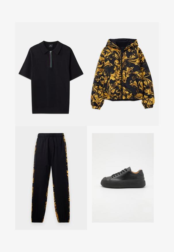 Fekete kapucnis dzseki arany díszített barokk virágmintákkal, elöl cipzárral, elasztikus mandzsettákkal és cipzáras oldalzsebekkel.; Fekete rövid ujjú pólóing, cipzáros gallérral, amelyen színes csík található. Simogató anyagból készült, testre szabott szabással.; Fekete jogger nadrág, elasztikus derékkal és mandzsettákkal, arany és fekete virágmintás oldalsó panelek díszítésével.; Fekete bőr sportcipő kerek orral, fűzős elejével, sima textúrájával, vastag gumitalpával és kontrasztos barnás belsejével.
