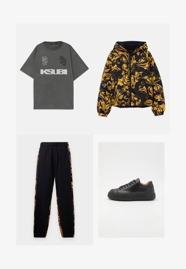 Must aga kapuutsiga must jakk, millel on kuldsed baroki lillemustrid, esikinnitus, elastsed mansetid ja lukuga küljetaskud.; Hall gravine suurusega T-särk ümmarguse kaelusega. Omab valget "KSUBI" teksti, numbrit "99" ja graafilist disaini. Valmistatud pehmest kangast.; Mustad jooksupüksid elastse vöökoha ja soonikkudega, millel on kuldne ja must lilleline muster külgedel.; Mustmust mustarist king kätšiga, ümar varvas, nöörimisega esiosa, sile tekstuur, paks kummist tall ja kontrastne pruun sisemus.