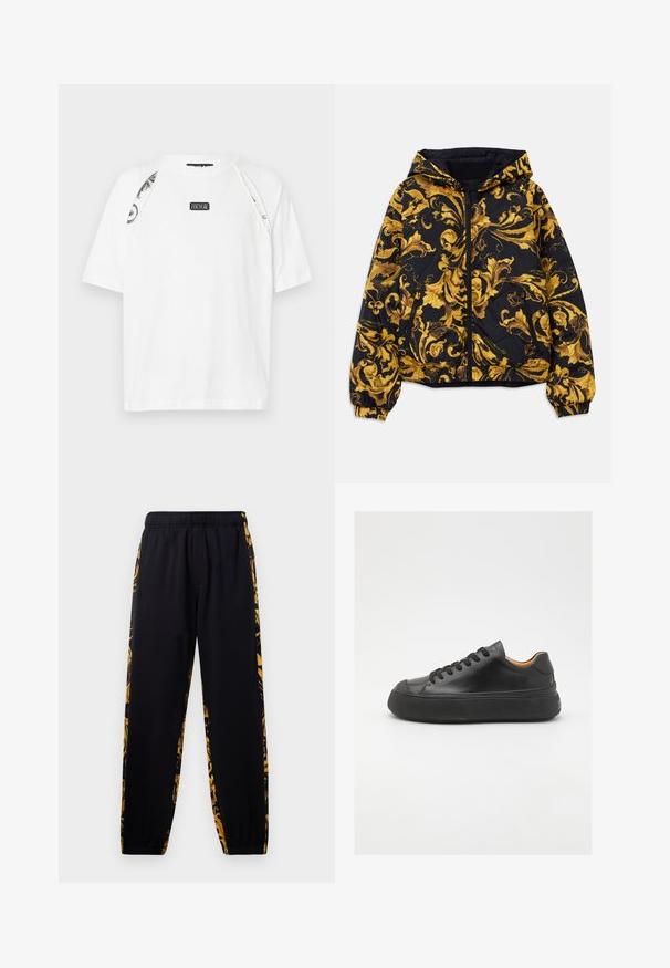 Černá kapucová bunda s nádhernými zlatými barokními květinovými vzory a předním zipem, elastickými manžetami a zipovými postranními kapsami.; Bílý tričko s krátkým rukávem vyrobené z bavlny, s kulatým výstřihem, grafickými detaily na ramenou a nášivkou loga na hrudi.; Černé joggingové kalhoty s elastickým pasem a manžetami, zdobené zlatými a černými květinovými vzory po stranách.; Černé kožené tenisky s kulatou špičkou, šněrováním v přední části, hladkým povrchem, silnou gumovou podrážkou a kontrastním tan interiérem.