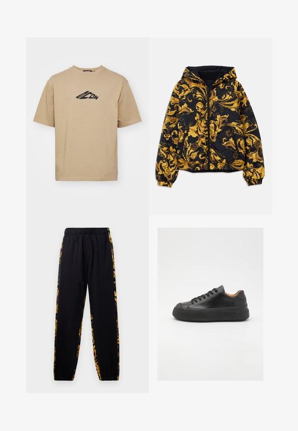 Black hooded jacket with golden ornate baroque floral patterns and front zipper, elastic cuffs, and zippered side pockets.; Beige t-shirt made of cotton, featuring a round neckline and short sleeves. Black graphic design on the chest with brand lettering.; Black jogger pants with elastic waistband and cuffs, featuring gold and black floral patterned side panels.; Black leather sneaker with a round toe, lace-up front, smooth texture, thick rubber sole, and contrasting tan interior.