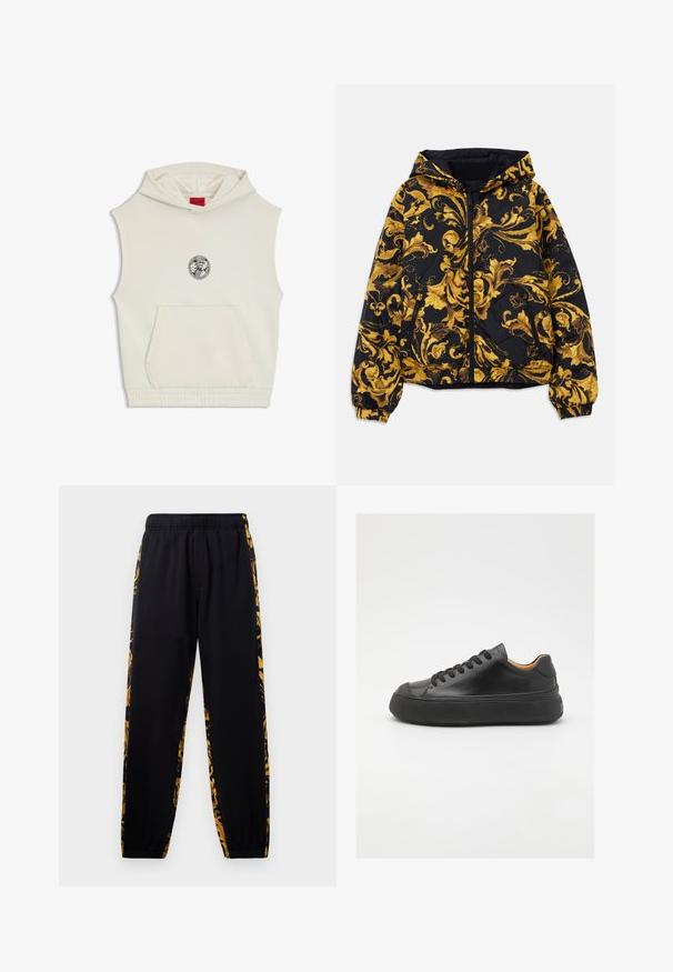 Black hooded jacket with golden ornate baroque floral patterns and front zipper, elastic cuffs, and zippered side pockets.; Sleeveless hoodie in off-white cotton with a central black graphic print. Features a front pocket and elasticated waistband. Brand label on hood.; Black jogger pants with elastic waistband and cuffs, featuring gold and black floral patterned side panels.; Black leather sneaker with a round toe, lace-up front, smooth texture, thick rubber sole, and contrasting tan interior.