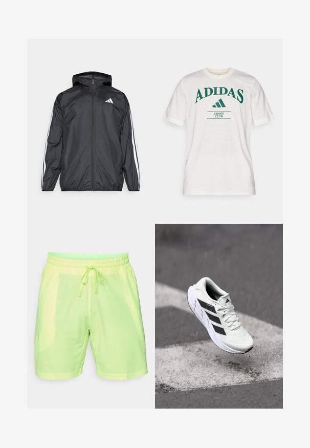 Juodas vėjaračius striukė su gobtuvu, pagaminta iš glotnaus, lengvo medžiagos. Turtingi balti dryžiai palei rankoves ir logotipas ant krūtinės.; Balta medvilninė marškinė su žaliais „ADIDAS“ užrašais, su apvaliu iškirpimu ir trumpomis rankovėmis. Po logotipu užrašas „TENNIS CLUB“. ; Limono žali sportiniai šortai, pagaminti iš lengvos, kvėpuojančios tinklinės medžiagos, su elastingu juosmeniu ir virvute. Yra tekstūruotas raštas.; Balti sportiniai batai su tekstūruota tinkleliu viršuje, juodomis juostelėmis, su raištelių uždarymu ir paminkštintu padu, kabo virš pažymėtos kelio dangos.