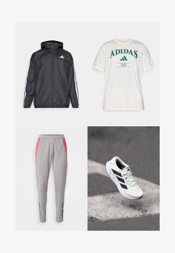 Zwarte windbreaker met capuchon, gemaakt van glad, lichtgewicht materiaal. Heeft witte strepen langs de mouwen en een logo op de borst.; Witte katoenen T-shirt met groene "ADIDAS" tekst, met een ronde halslijn en korte mouwen. Inclusief "TENNIS CLUB" onder het logo.; Grijze sportbroek met roze zijaccenten, slim fit, elastische tailleband en zwarte verticale strepen nabij de enkels. Gemaakt van een soepele, rekbare stof.; Witte sportschoen met een textuur van mesh, zwarte strepen, vetersluiting en een gevoerde zool, zwevend boven een gemarkeerd wegoppervlak.