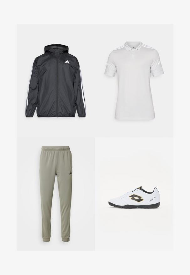 Black windbreaker jacket with a hood, made of smooth, lightweight material. Features white stripes along sleeves and a logo on the chest.; White polo shirt made of textured fabric, featuring a classic collar, three-button placket, and three white stripes on the shoulders.; Light green athletic pants with an elastic waistband, tapered legs, and black logo detail. Made from smooth, breathable fabric.; White sports shoes with black and yellow accents, featuring a textured upper, round toe, and a black rubber sole. The design includes a logo detail on the side.