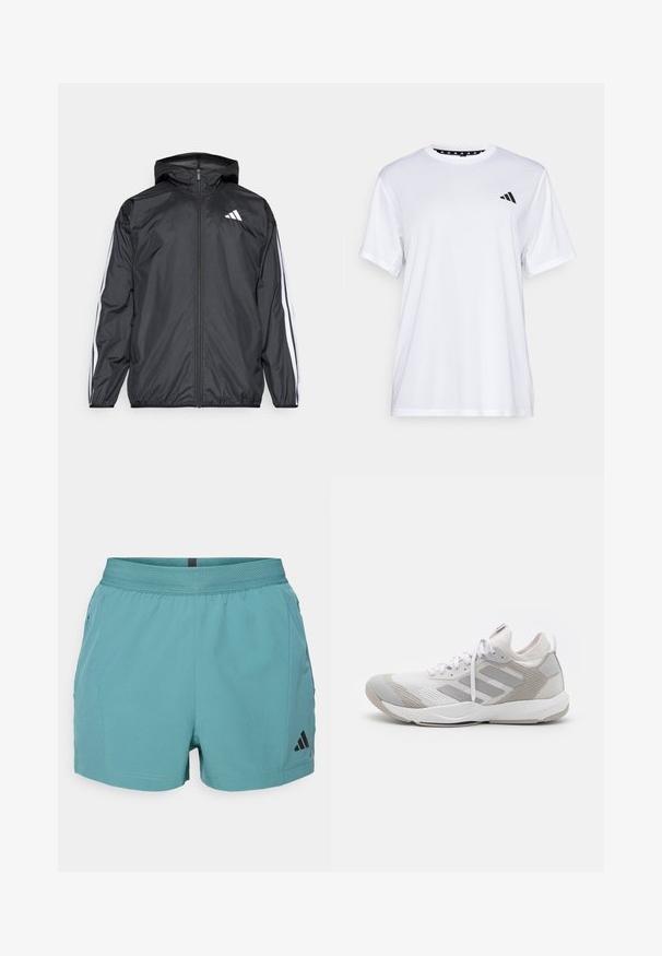 Juodas vėjaračius striukė su gobtuvu, pagaminta iš glotnaus, lengvo medžiagos. Turtingi balti dryžiai palei rankoves ir logotipas ant krūtinės.; Balta sportinė marškinėliai trumpomis rankovėmis, pagaminti iš drėgmę šalinančios medžiagos. Kairėje krūtinės pusėje yra juodas logotipas, o apykaklės viduje yra raštuotas dizainas.; Tamsiai mėlyni atletiniai šortai su tekstūruotu juosmeniu, šoninėmis kišenėmis ir juodu Adidas logotipu apatiniame dešiniajame kampe. Lengvas audinys.; adidas Performance RAPIDMOVE ADVANCED TRAINER - Avalynė treniruotėms - footwear white/grey one
