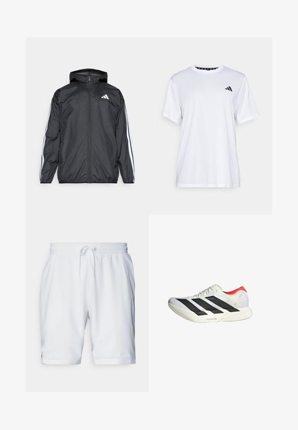 Must hele musta tuulejope, millel on kapuuts ja mis on valmistatud siledast, kergest materjalist. Omab valgeid triipasid varrukatel ja logo rinnal.; Valge sportlik T-särk lühikeste varrukatega, valmistatud niiskust eemaldavast kangast. Ees on must logo vasakul rinnal ja soe mustriline kaelaosa.; Valged sportlikud lühikesed püksid elastse vöökohaga ja reguleeritava paelaga. Sile kangas, millel on peen struktuur, ja küljetaskud.; Valge sportlik jalats mustade diagonaalriipidega, punaste aktsentidega kandadel ja tekstuuriga peal; sisaldab LIGHTSTRIKE PRO pehmendust.