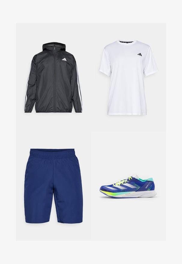 Črna vetrovka s kapuco, izdelana iz gladkega, lahkega materiala. Ima bele črte ob rokavih in logo na prsih.; Bela športna majica s kratkimi rokavi, izdelana iz tkanine, ki odvaja vlago. Ima črn logotip na levem prsnem delu in vzorčasto notranjo vratno odprtino.; Temno modri atletski šortsi iz teksturirane tkanine, z elastičnim pasom in majhnim logotipom na strani.; adidas Performance ADIZERO ADIOS 8 - Tekaški copati za cesto - lucid blue/zero metallic/lucid lemon