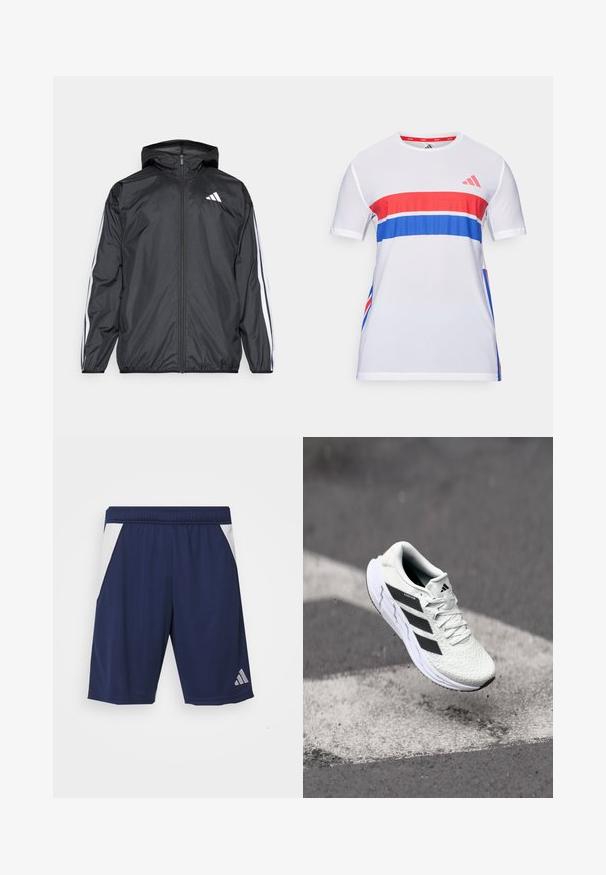 Melnā vēja izolācija jaka ar kapuci, izgatavota no gluda, viegla materiāla. Iekļautas baltas svītras gar piedurknēm un logo uz krūšu.; Balts sporta T-krekls ar sarkaniem un ziliem horizontāliem svītrainiem, izgatavots no elpojoša auduma, ar īsām piedurknēm un apaļu kakla izgriezumu.; Jūras spēku sporta šorti, kas izgatavoti no gludas auduma. Ir baltas sānu akcenti un elastīga josta. Kreisajā kājā ir sudraba logotips.; Baltas sporta apavs ar teksturētu sietu augšu, melnām svītrām, auklu aizdari un mīkstu zoli, kas levitē virs marķētas ceļa virsmas.