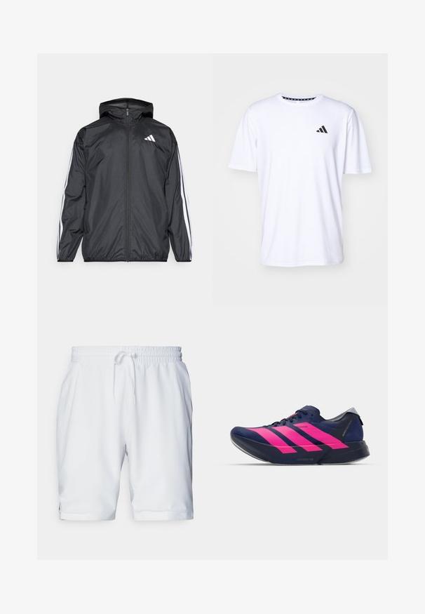 Chaqueta cortavientos negra con capucha, hecha de un material suave y ligero. Presenta rayas blancas a lo largo de las mangas y un logo en el pecho.; Camiseta blanca de manga corta fabricada con una tela de textura suave. Presenta un logo negro de adidas en el lado izquierdo del pecho y un cuello con un patrón.; Pantalones cortos deportivos blancos con cintura elástica y cordón ajustable. Tejido suave con una sutil textura, que cuenta con bolsillos laterales.; adidas Performance ADIZERO ADIOS PRO 4 - Zapatillas running asfalto - dark blue/shock pink/dash grey
