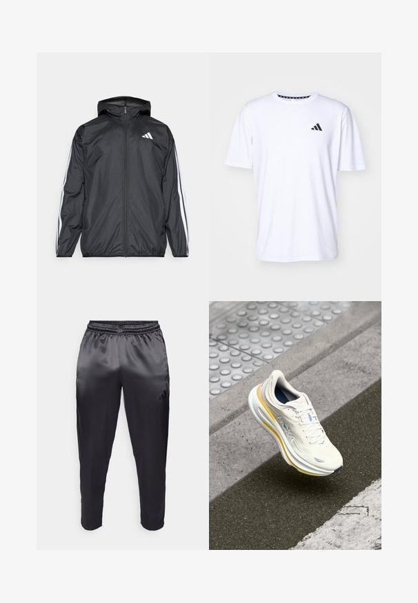 Veste coupe-vent noire avec capuche, en matériau lisse et léger. Présente des rayures blanches le long des manches et un logo sur la poitrine.; T-shirt blanc à manches courtes en tissu à texture lisse. Présente un logo adidas noir sur le côté gauche de la poitrine et un col à motifs.; Pantalons de sport noirs en tissu lisse et léger avec une taille élastique. Présente un petit logo sur le côté gauche et des jambes fuselées.; Baskets HOKA blanches et jaunes flottant au-dessus d'un trottoir texturé et d'un bord de route près d'un passage piéton.